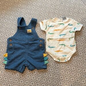Little Lad Blue Overalls and Crocodile Print Onesie Set - 3 months